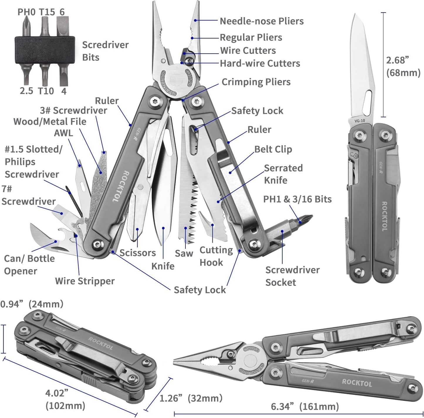 NEW! ROCKTOL GEN-R Multitool with VG10 Knife Blade 27-in-1 Multi-tool with Titanium plated Handle for Backpacking,Hiking,Camping