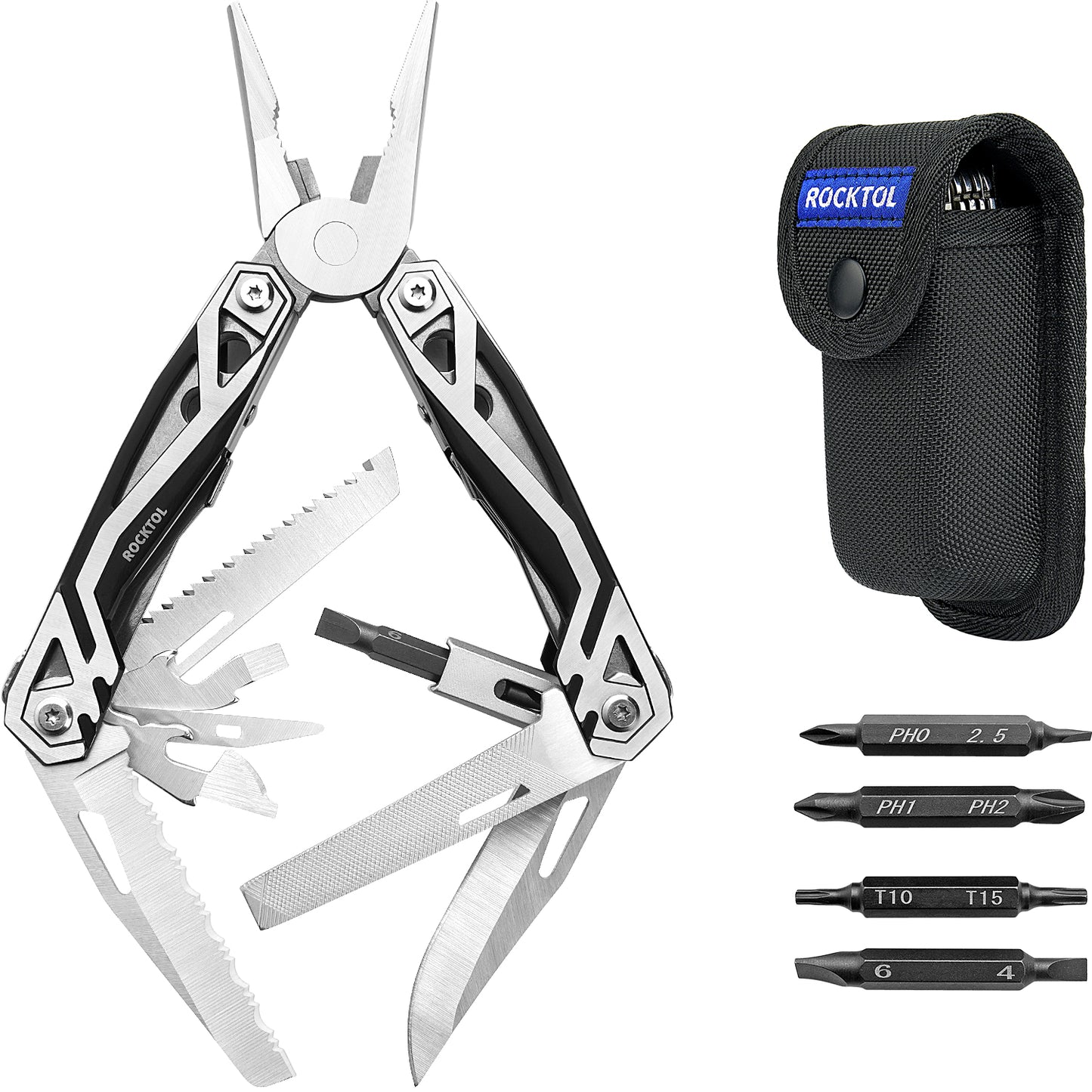 ROCKTOL Multitool Pliers, Multitool with Spring-loaded Pliers 21-in-1 Multi Toolset with Magnetic Bit Holder 8-Function Bits,Gift for Men