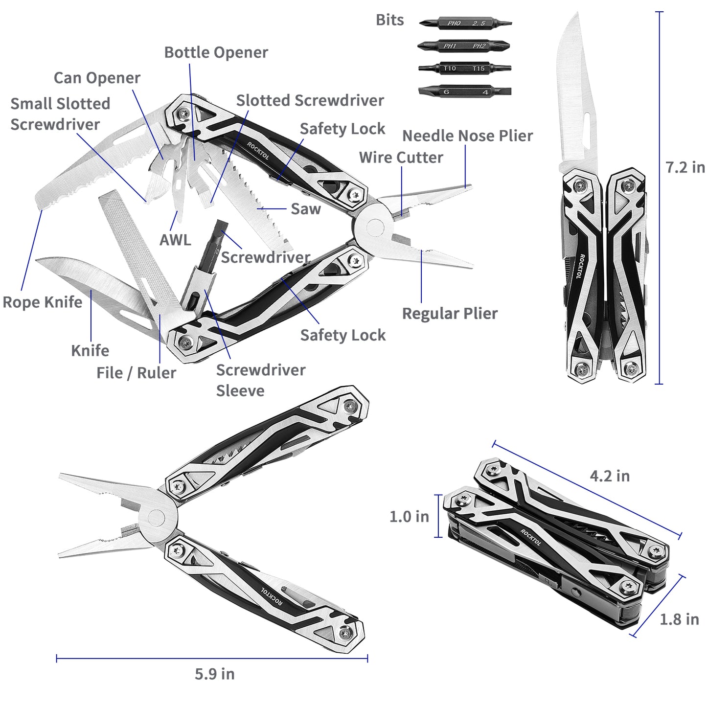 ROCKTOL Multitool Pliers, Multitool with Spring-loaded Pliers 21-in-1 Multi Toolset with Magnetic Bit Holder 8-Function Bits,Gift for Men