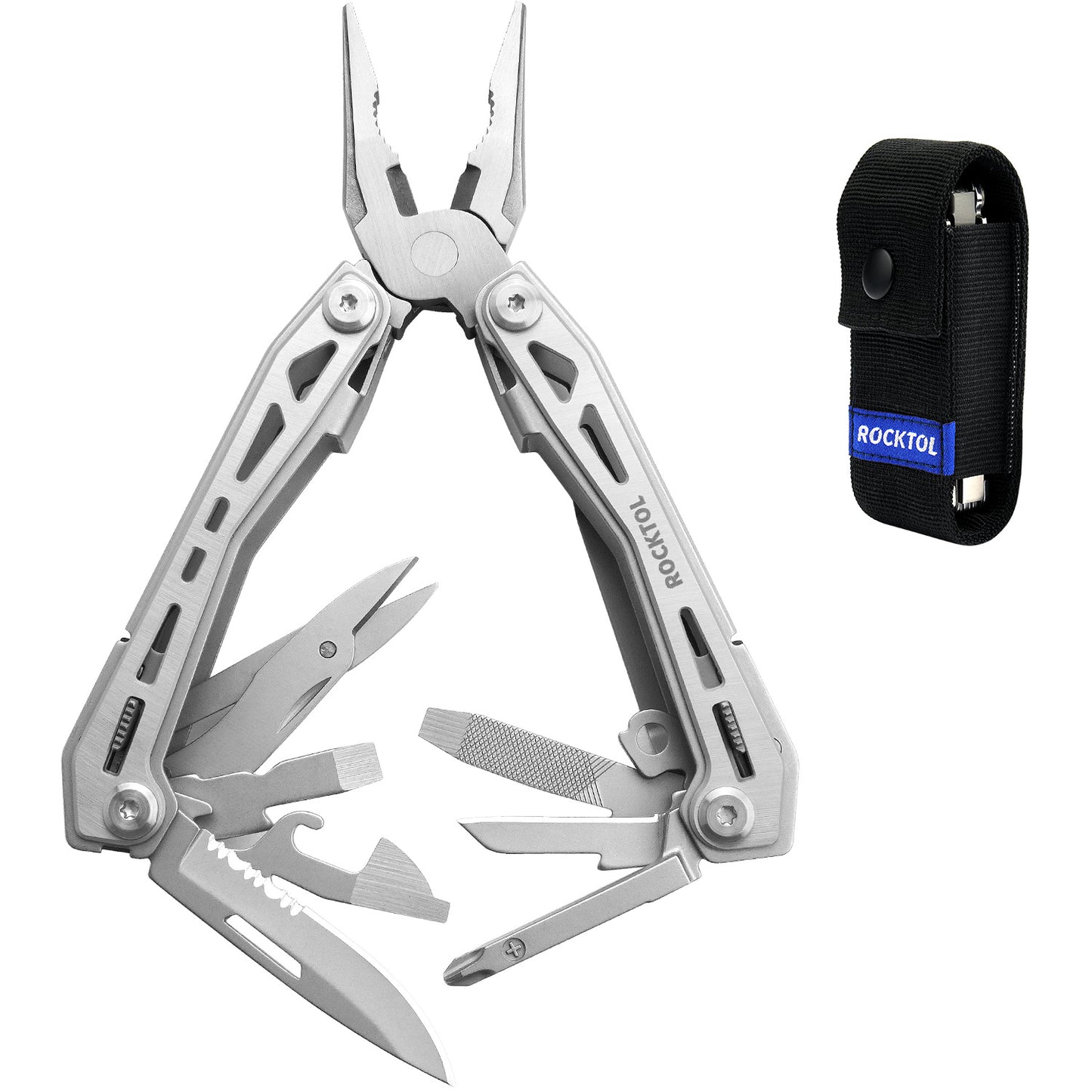 ROCKTOL Multitool with Pocket Clip, Stainlesss Steel 16-in-1 Multitool Pliers, Lightweight Compact Toolkit for Hiking Travel Camping