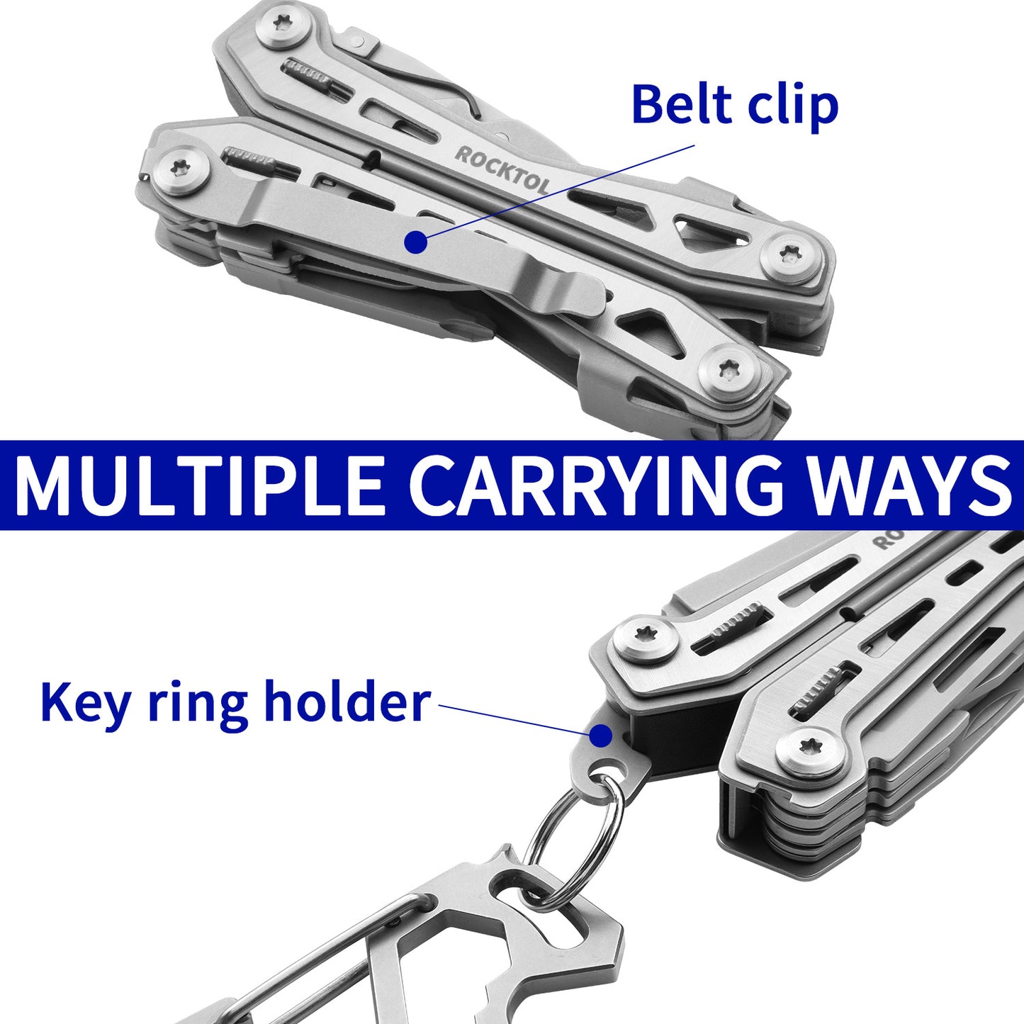 ROCKTOL Multitool with Pocket Clip, Stainlesss Steel 16-in-1 Multitool Pliers, Lightweight Compact Toolkit for Hiking Travel Camping