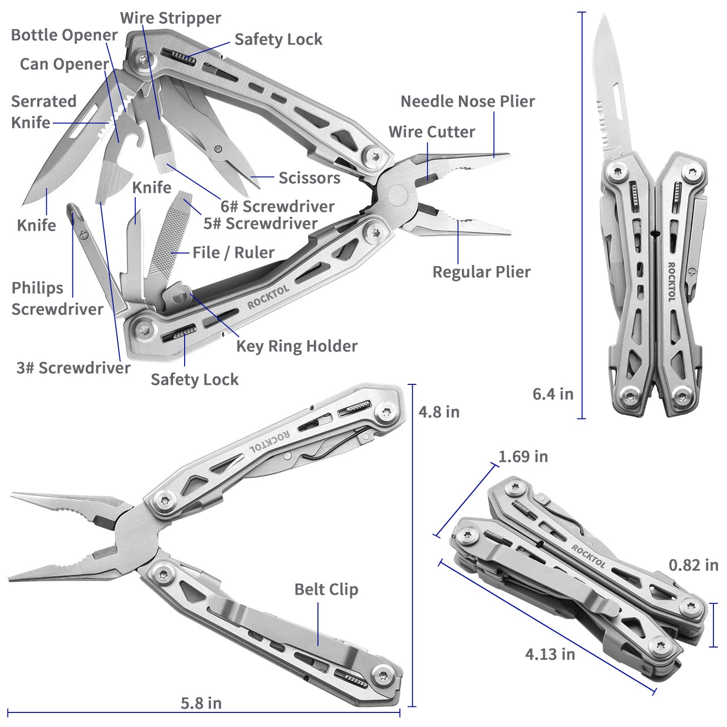 ROCKTOL Multitool with Pocket Clip, Stainlesss Steel 16-in-1 Multitool Pliers, Lightweight Compact Toolkit for Hiking Travel Camping