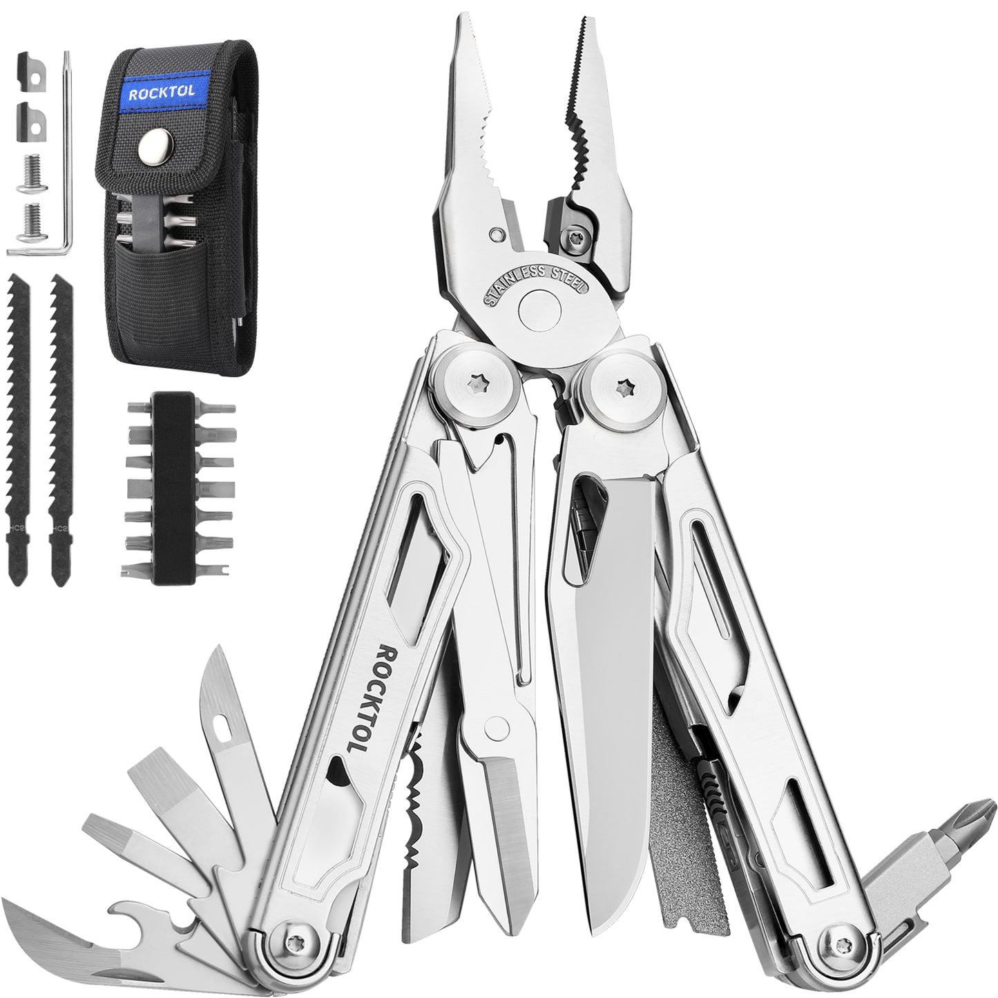 ROCKTOL Multitool Pliers, 29-in-1 Heavy-duty Stainless Steel Multi Tool Set with Replaceable Wire Cutters and Saw Nylon Sheath for Camping Survival Repair (7Cr17 Blade)